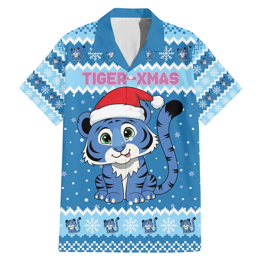 Personalized Blue Tiger Christmas Family Matching Mermaid Dress and Hawaiian Shirt Kawaii Derpy Tiger Santa Mode - Wonder Print Shop