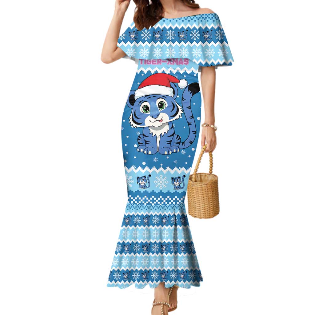 Personalized Blue Tiger Christmas Family Matching Mermaid Dress and Hawaiian Shirt Kawaii Derpy Tiger Santa Mode - Wonder Print Shop