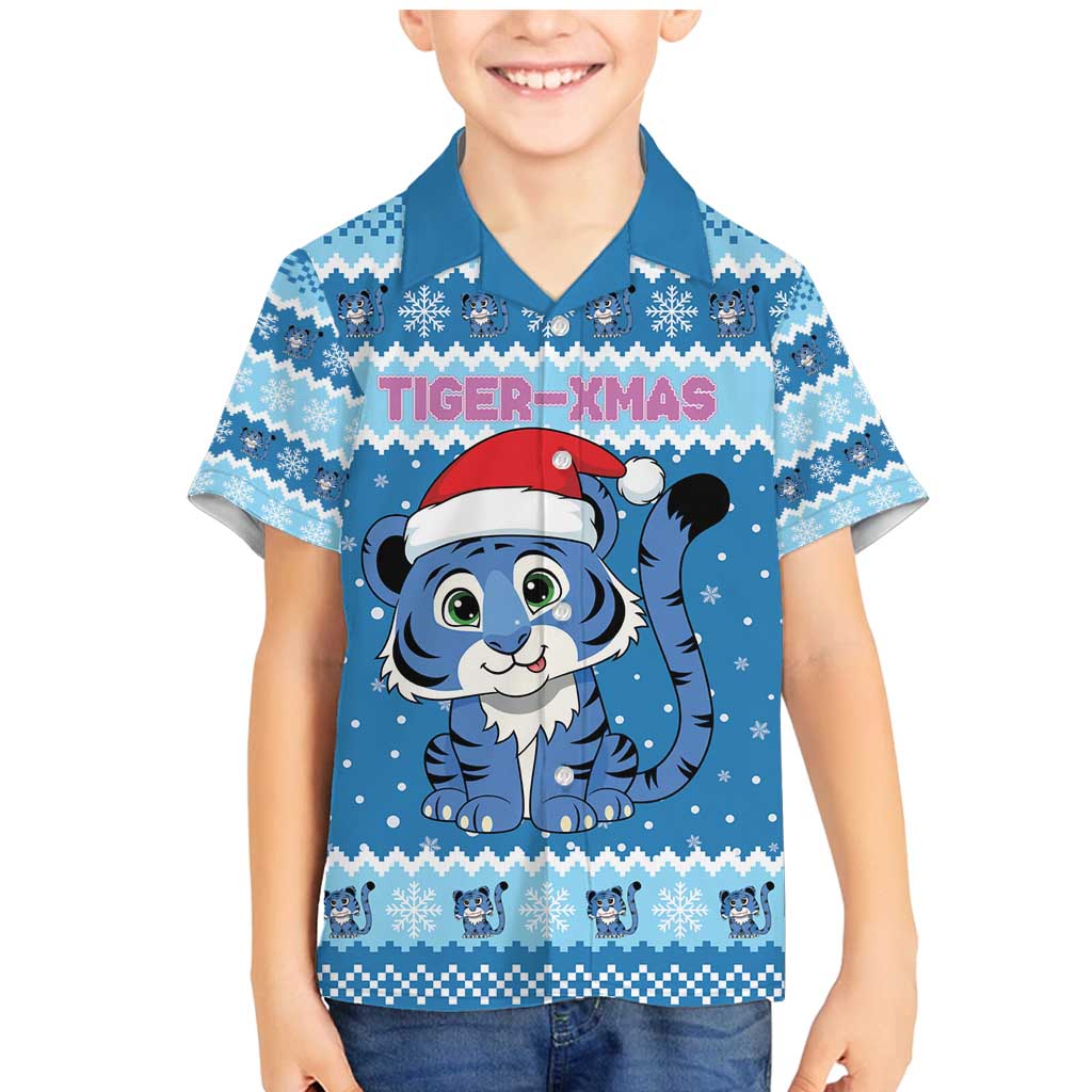Personalized Blue Tiger Christmas Family Matching Mermaid Dress and Hawaiian Shirt Kawaii Derpy Tiger Santa Mode - Wonder Print Shop