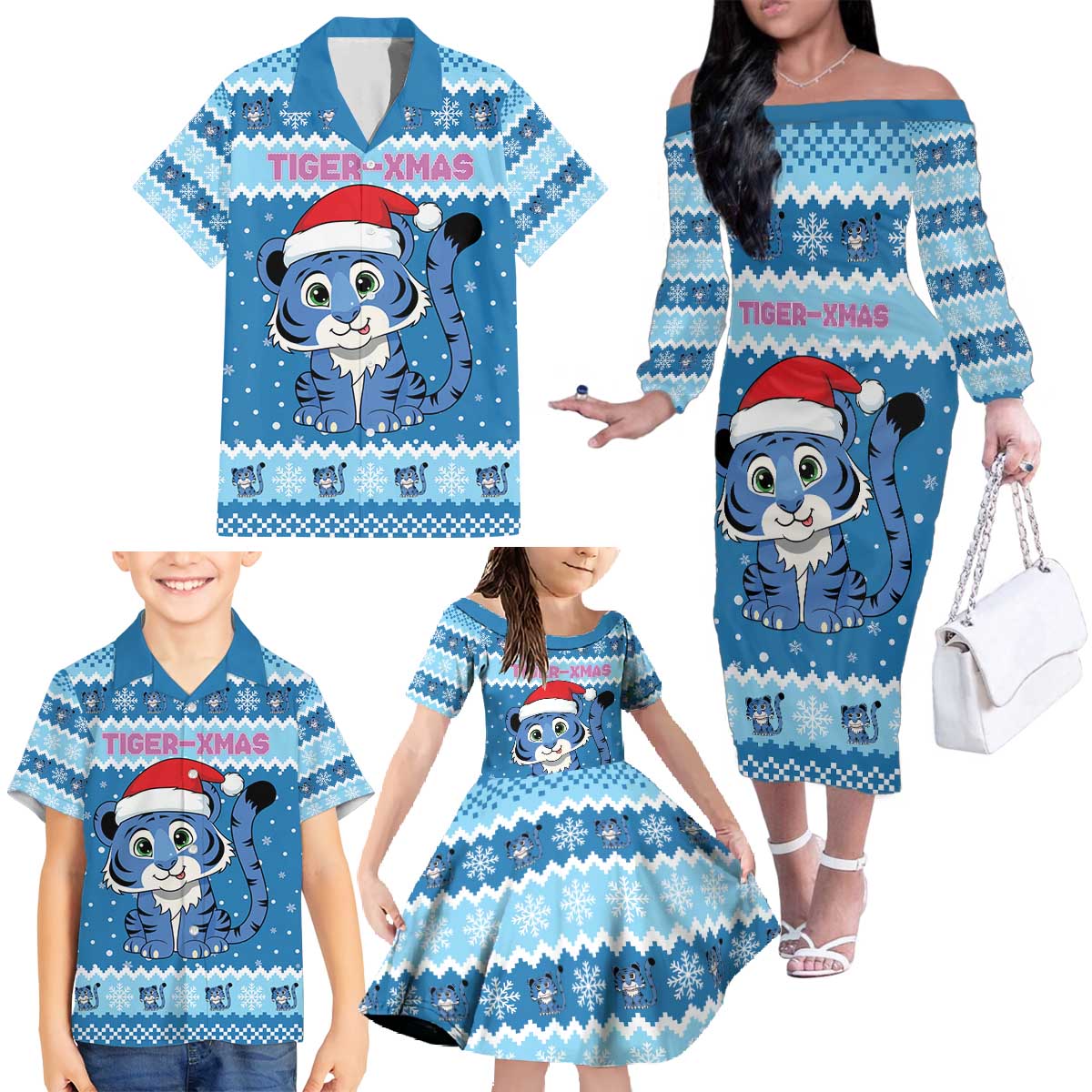 Personalized Blue Tiger Christmas Family Matching Off The Shoulder Long Sleeve Dress and Hawaiian Shirt Kawaii Derpy Tiger Santa Mode - Wonder Print Shop