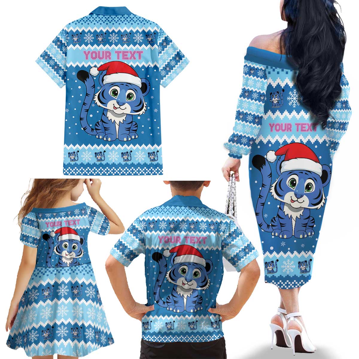 Personalized Blue Tiger Christmas Family Matching Off The Shoulder Long Sleeve Dress and Hawaiian Shirt Kawaii Derpy Tiger Santa Mode - Wonder Print Shop