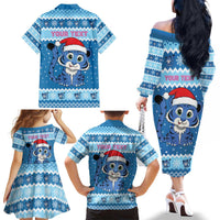 Personalized Blue Tiger Christmas Family Matching Off The Shoulder Long Sleeve Dress and Hawaiian Shirt Kawaii Derpy Tiger Santa Mode - Wonder Print Shop