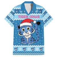 Personalized Blue Tiger Christmas Family Matching Off The Shoulder Long Sleeve Dress and Hawaiian Shirt Kawaii Derpy Tiger Santa Mode - Wonder Print Shop