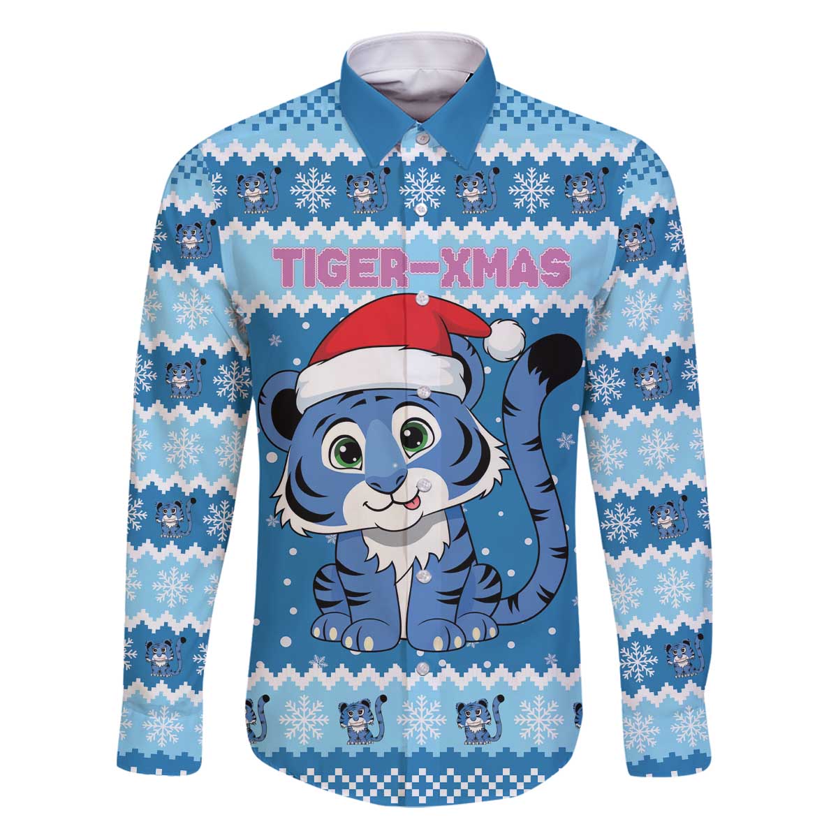 Personalized Blue Tiger Christmas Family Matching Off The Shoulder Long Sleeve Dress and Hawaiian Shirt Kawaii Derpy Tiger Santa Mode - Wonder Print Shop