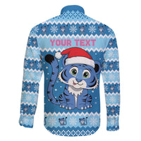 Personalized Blue Tiger Christmas Family Matching Off The Shoulder Long Sleeve Dress and Hawaiian Shirt Kawaii Derpy Tiger Santa Mode - Wonder Print Shop