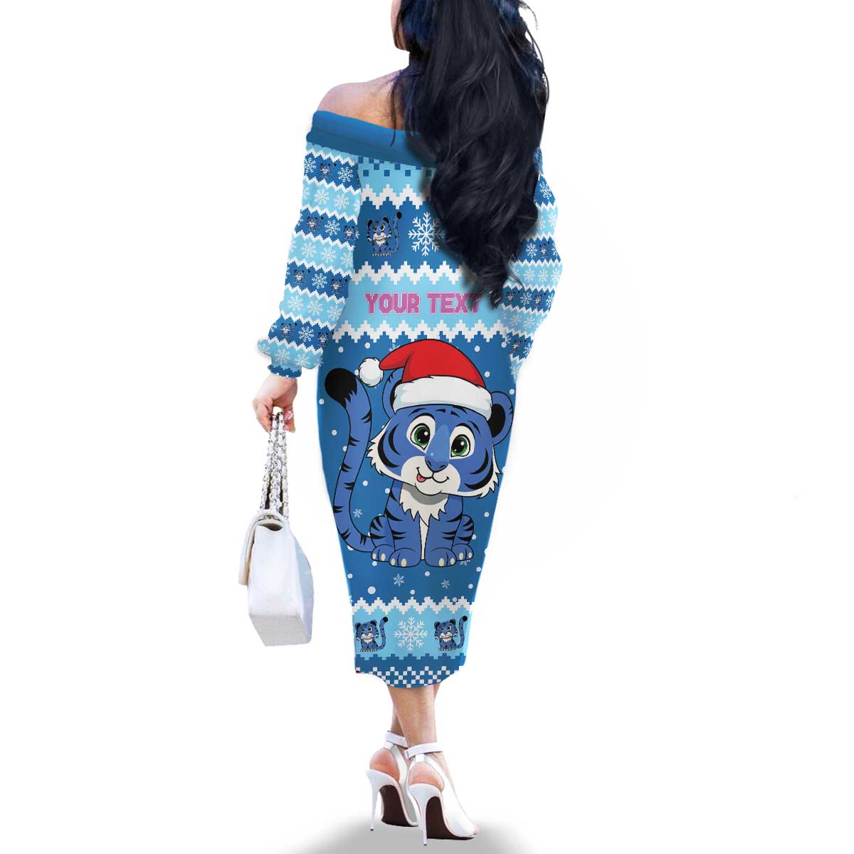 Personalized Blue Tiger Christmas Family Matching Off The Shoulder Long Sleeve Dress and Hawaiian Shirt Kawaii Derpy Tiger Santa Mode - Wonder Print Shop