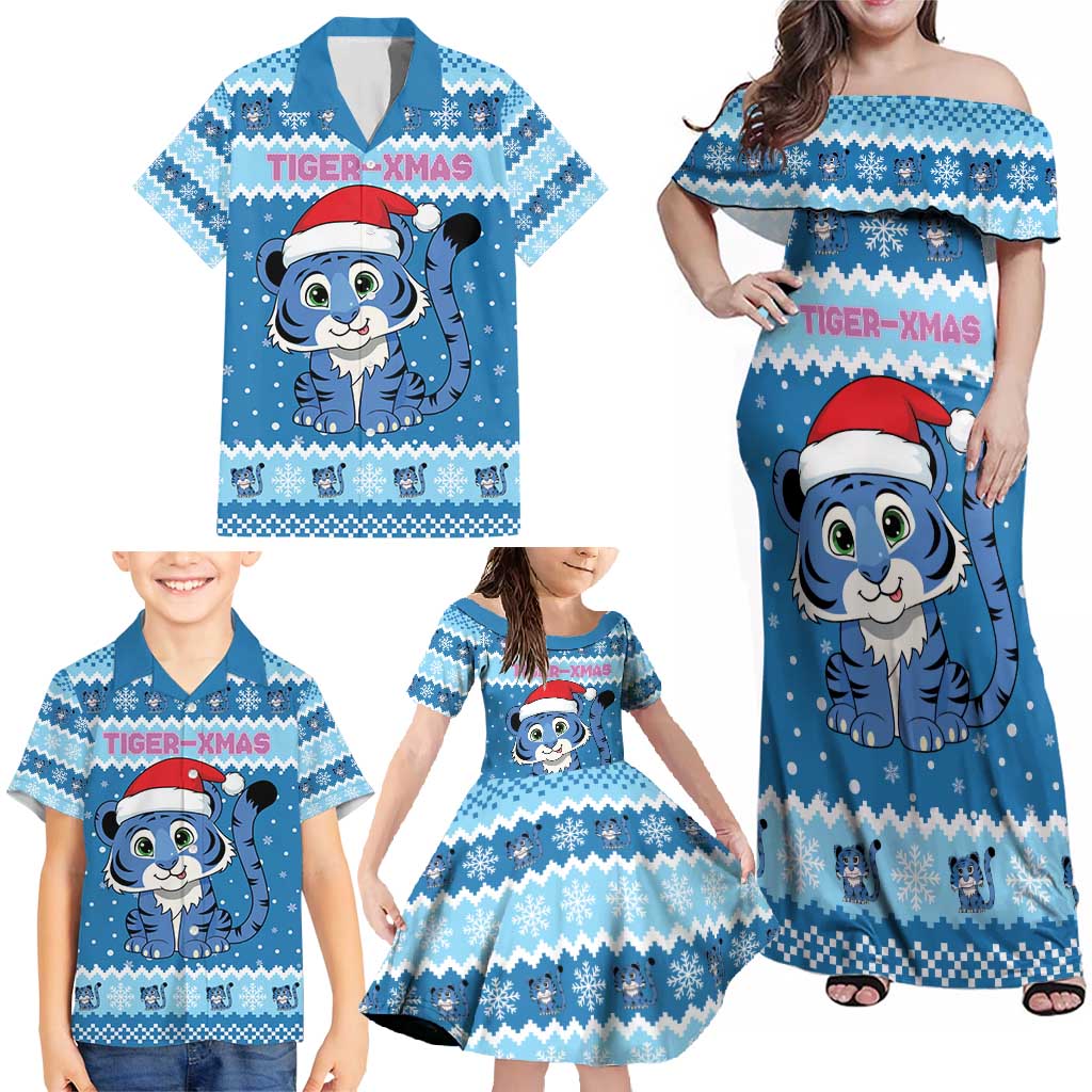 Personalized Blue Tiger Christmas Family Matching Off Shoulder Maxi Dress and Hawaiian Shirt Kawaii Derpy Tiger Santa Mode - Wonder Print Shop