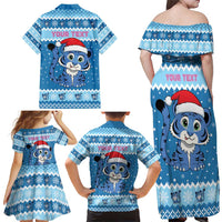 Personalized Blue Tiger Christmas Family Matching Off Shoulder Maxi Dress and Hawaiian Shirt Kawaii Derpy Tiger Santa Mode - Wonder Print Shop