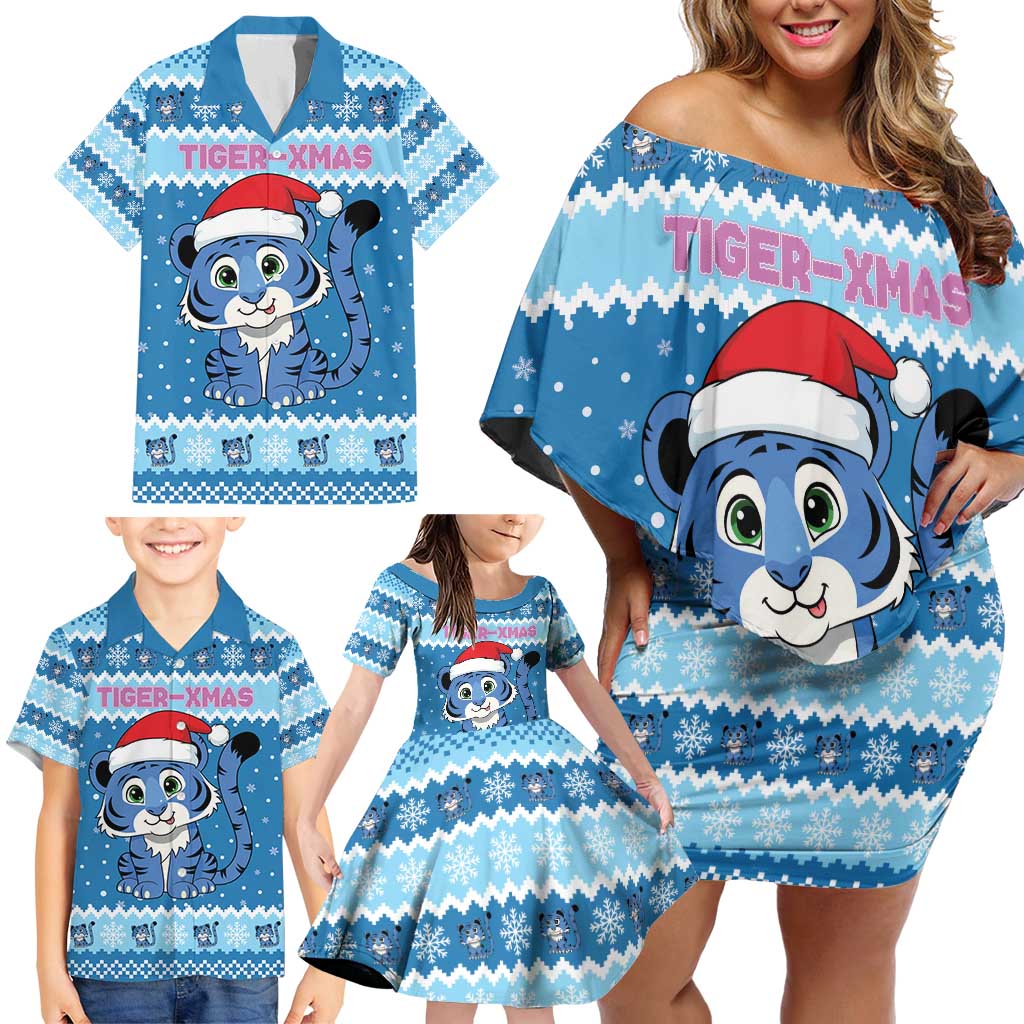 Personalized Blue Tiger Christmas Family Matching Off Shoulder Short Dress and Hawaiian Shirt Kawaii Derpy Tiger Santa Mode - Wonder Print Shop