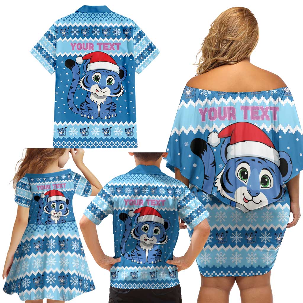 Personalized Blue Tiger Christmas Family Matching Off Shoulder Short Dress and Hawaiian Shirt Kawaii Derpy Tiger Santa Mode - Wonder Print Shop