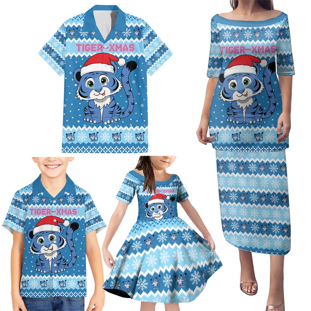 Personalized Blue Tiger Christmas Family Matching Puletasi and Hawaiian Shirt Kawaii Derpy Tiger Santa Mode - Wonder Print Shop