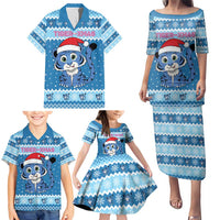 Personalized Blue Tiger Christmas Family Matching Puletasi and Hawaiian Shirt Kawaii Derpy Tiger Santa Mode - Wonder Print Shop
