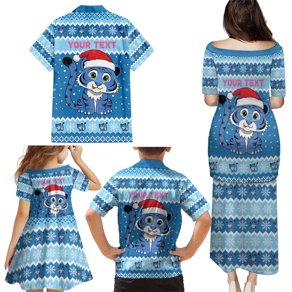 Personalized Blue Tiger Christmas Family Matching Puletasi and Hawaiian Shirt Kawaii Derpy Tiger Santa Mode - Wonder Print Shop