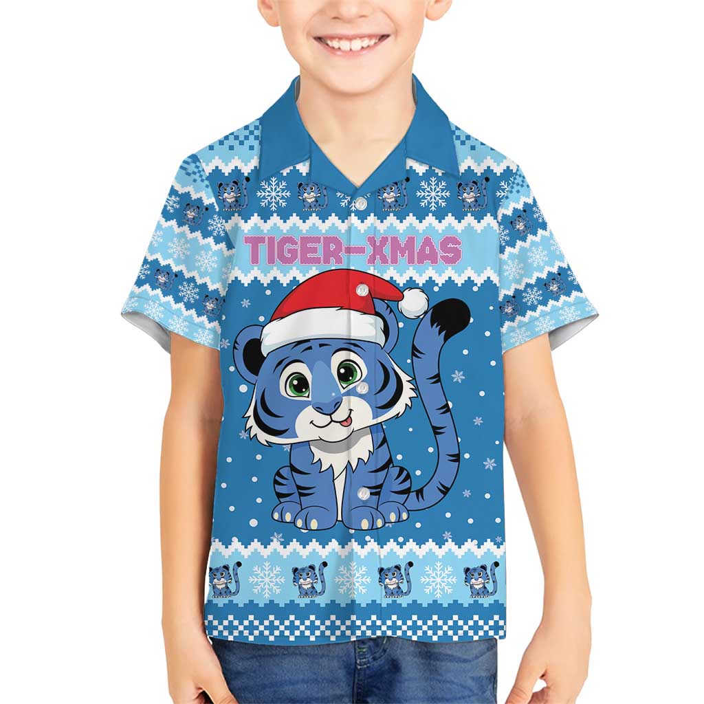 Personalized Blue Tiger Christmas Family Matching Puletasi and Hawaiian Shirt Kawaii Derpy Tiger Santa Mode - Wonder Print Shop
