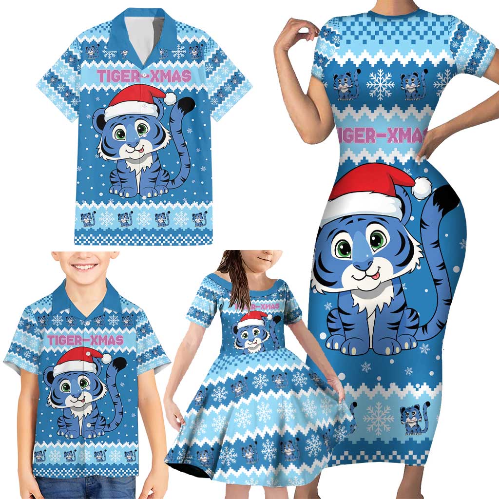Personalized Blue Tiger Christmas Family Matching Short Sleeve Bodycon Dress and Hawaiian Shirt Kawaii Derpy Tiger Santa Mode - Wonder Print Shop