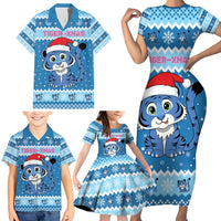 Personalized Blue Tiger Christmas Family Matching Short Sleeve Bodycon Dress and Hawaiian Shirt Kawaii Derpy Tiger Santa Mode - Wonder Print Shop