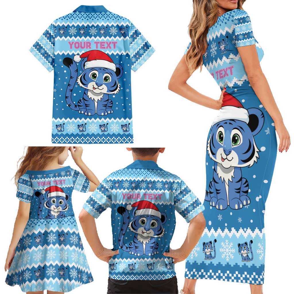 Personalized Blue Tiger Christmas Family Matching Short Sleeve Bodycon Dress and Hawaiian Shirt Kawaii Derpy Tiger Santa Mode - Wonder Print Shop