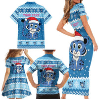 Personalized Blue Tiger Christmas Family Matching Short Sleeve Bodycon Dress and Hawaiian Shirt Kawaii Derpy Tiger Santa Mode - Wonder Print Shop