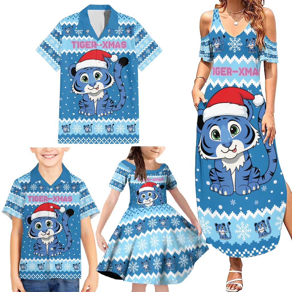 Personalized Blue Tiger Christmas Family Matching Summer Maxi Dress and Hawaiian Shirt Kawaii Derpy Tiger Santa Mode - Wonder Print Shop