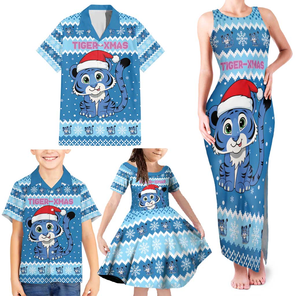 Personalized Blue Tiger Christmas Family Matching Tank Maxi Dress and Hawaiian Shirt Kawaii Derpy Tiger Santa Mode - Wonder Print Shop