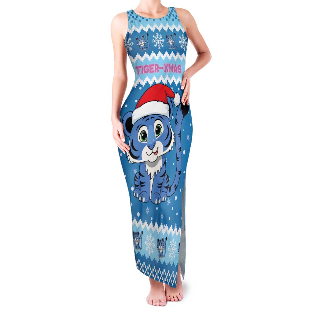 Personalized Blue Tiger Christmas Family Matching Tank Maxi Dress and Hawaiian Shirt Kawaii Derpy Tiger Santa Mode - Wonder Print Shop