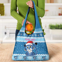 Personalized Blue Tiger Christmas Grocery Bag Kawaii Derpy Tiger Santa Mode - Wonder Print Shop