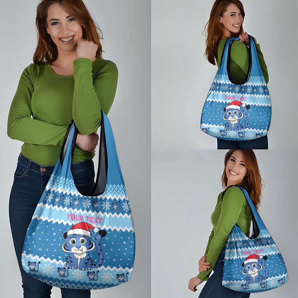 Personalized Blue Tiger Christmas Grocery Bag Kawaii Derpy Tiger Santa Mode - Wonder Print Shop