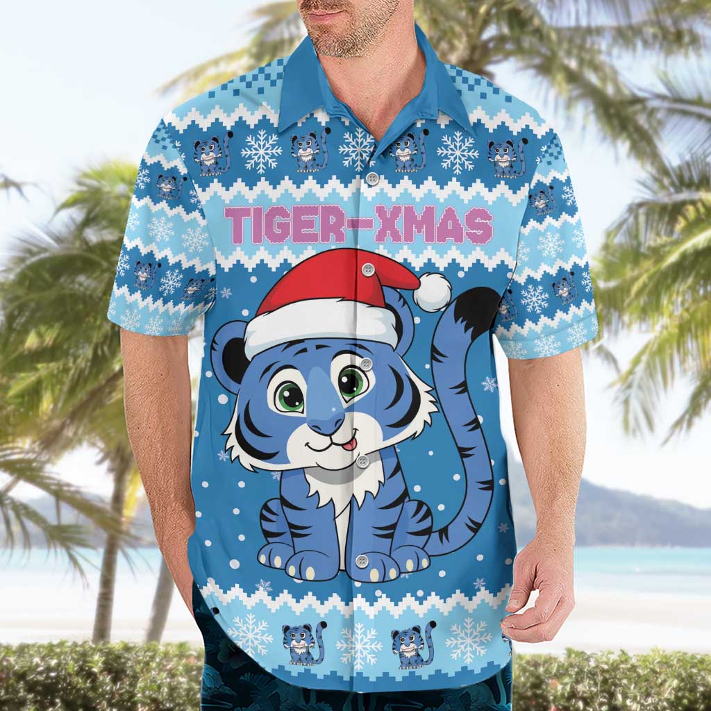 Personalized Blue Tiger Christmas Hawaiian Shirt Kawaii Derpy Tiger Santa Mode - Wonder Print Shop