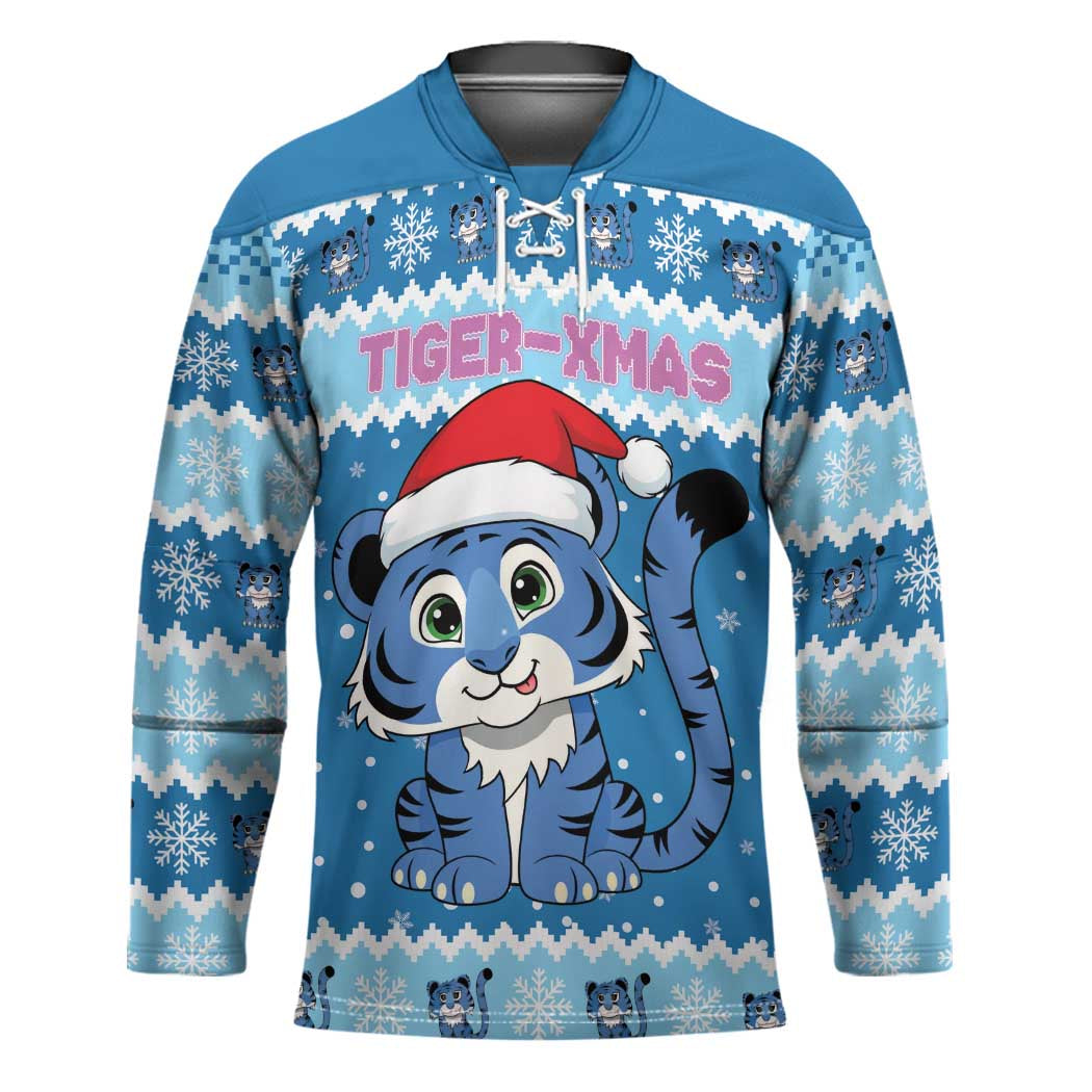 Personalized Blue Tiger Christmas Hockey Jersey Kawaii Derpy Tiger Santa Mode - Wonder Print Shop