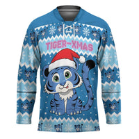 Personalized Blue Tiger Christmas Hockey Jersey Kawaii Derpy Tiger Santa Mode - Wonder Print Shop