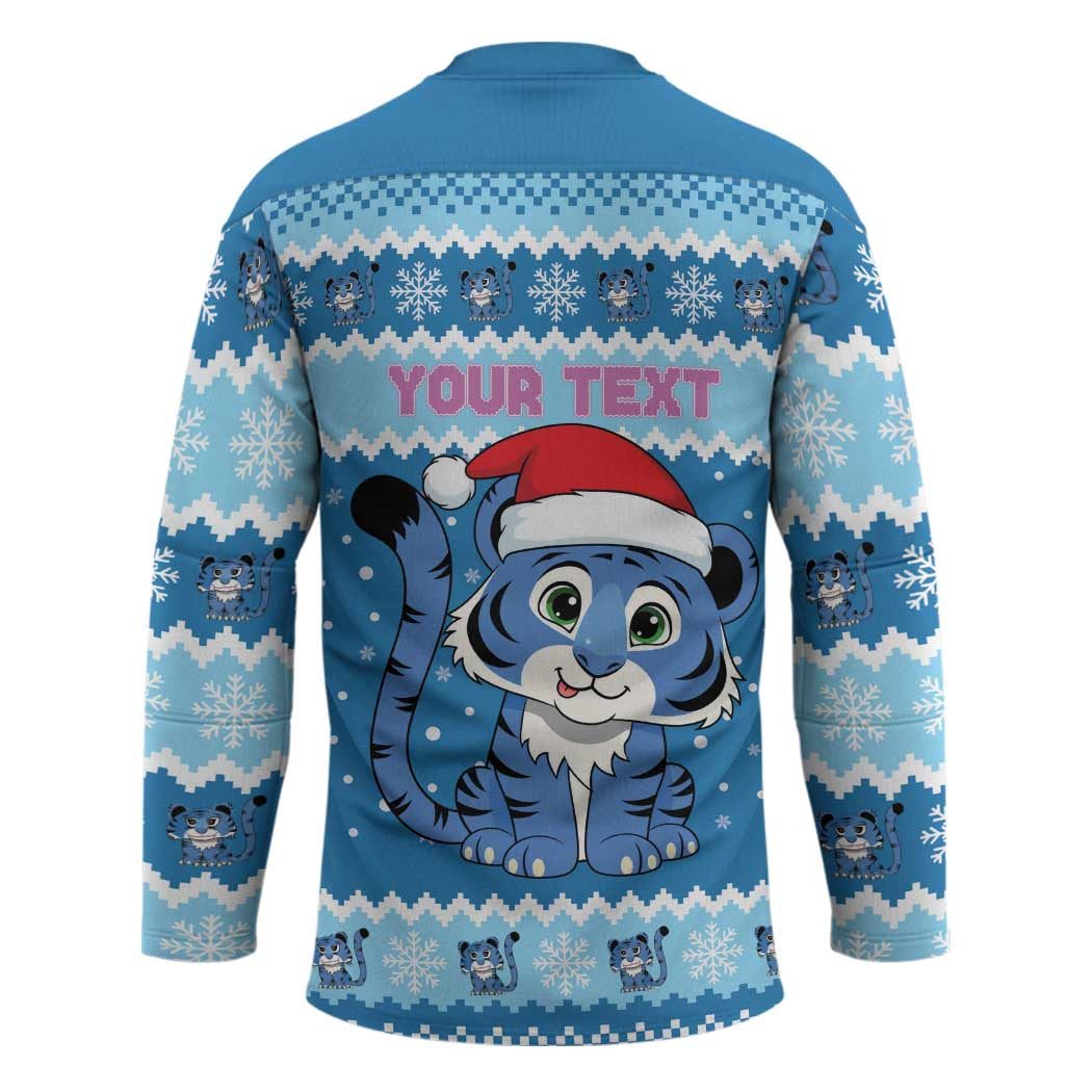 Personalized Blue Tiger Christmas Hockey Jersey Kawaii Derpy Tiger Santa Mode - Wonder Print Shop