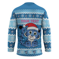 Personalized Blue Tiger Christmas Hockey Jersey Kawaii Derpy Tiger Santa Mode - Wonder Print Shop
