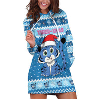 Personalized Blue Tiger Christmas Hoodie Dress Kawaii Derpy Tiger Santa Mode - Wonder Print Shop