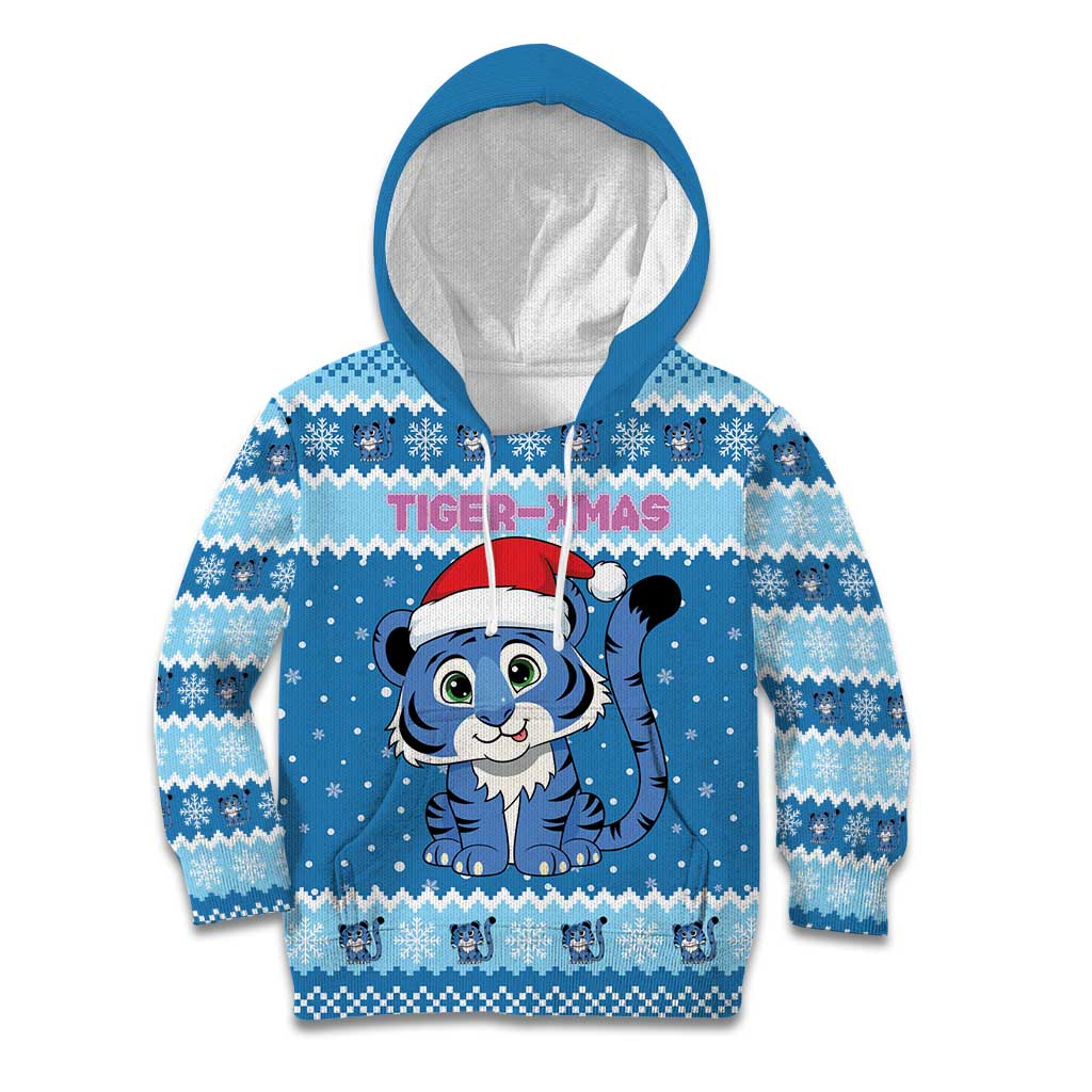 Personalized Blue Tiger Christmas Kid Hoodie Kawaii Derpy Tiger Santa Mode - Wonder Print Shop