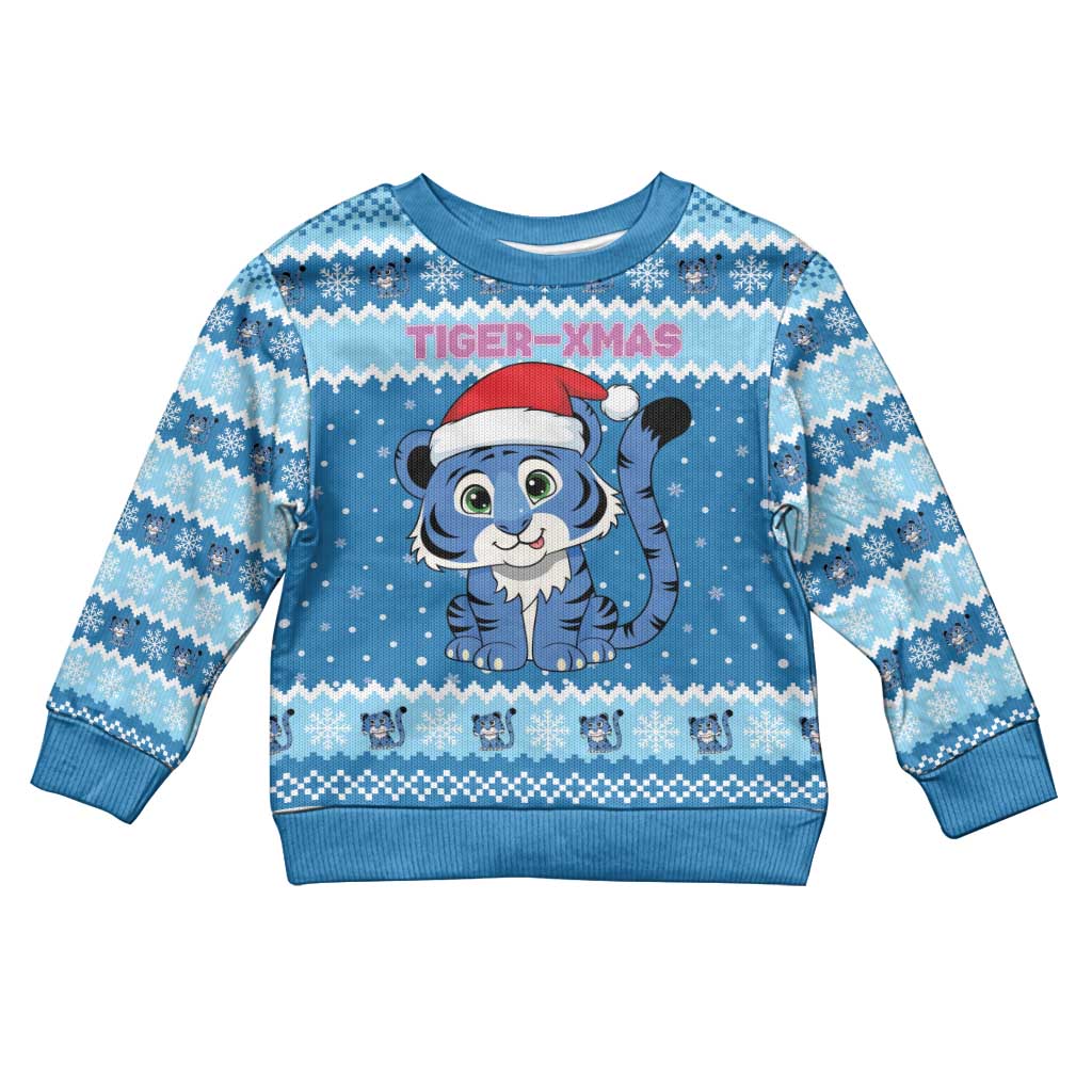Personalized Blue Tiger Christmas Kid Ugly Christmas Sweater Kawaii Derpy Tiger Santa Mode - Wonder Print Shop