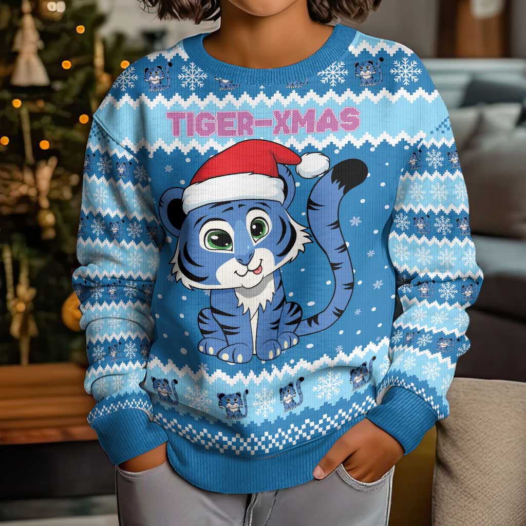 Personalized Blue Tiger Christmas Kid Ugly Christmas Sweater Kawaii Derpy Tiger Santa Mode - Wonder Print Shop