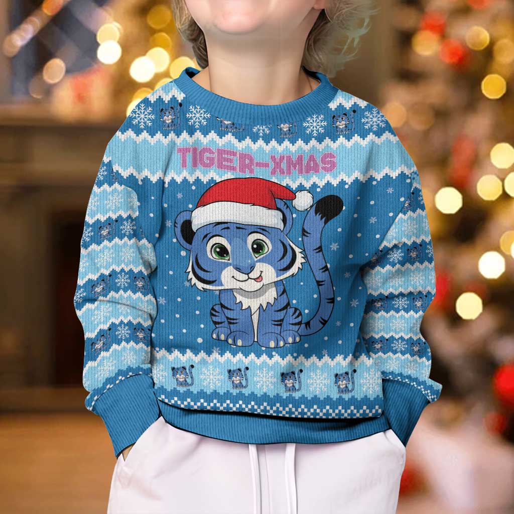 Personalized Blue Tiger Christmas Kid Ugly Christmas Sweater Kawaii Derpy Tiger Santa Mode - Wonder Print Shop