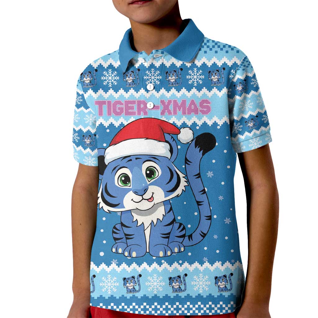 Personalized Blue Tiger Christmas Kid Polo Shirt Kawaii Derpy Tiger Santa Mode - Wonder Print Shop