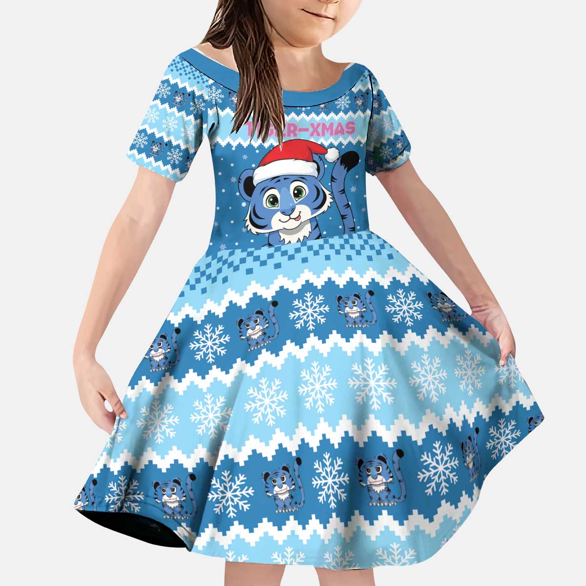 Personalized Blue Tiger Christmas Kid Short Sleeve Dress Kawaii Derpy Tiger Santa Mode - Wonder Print Shop