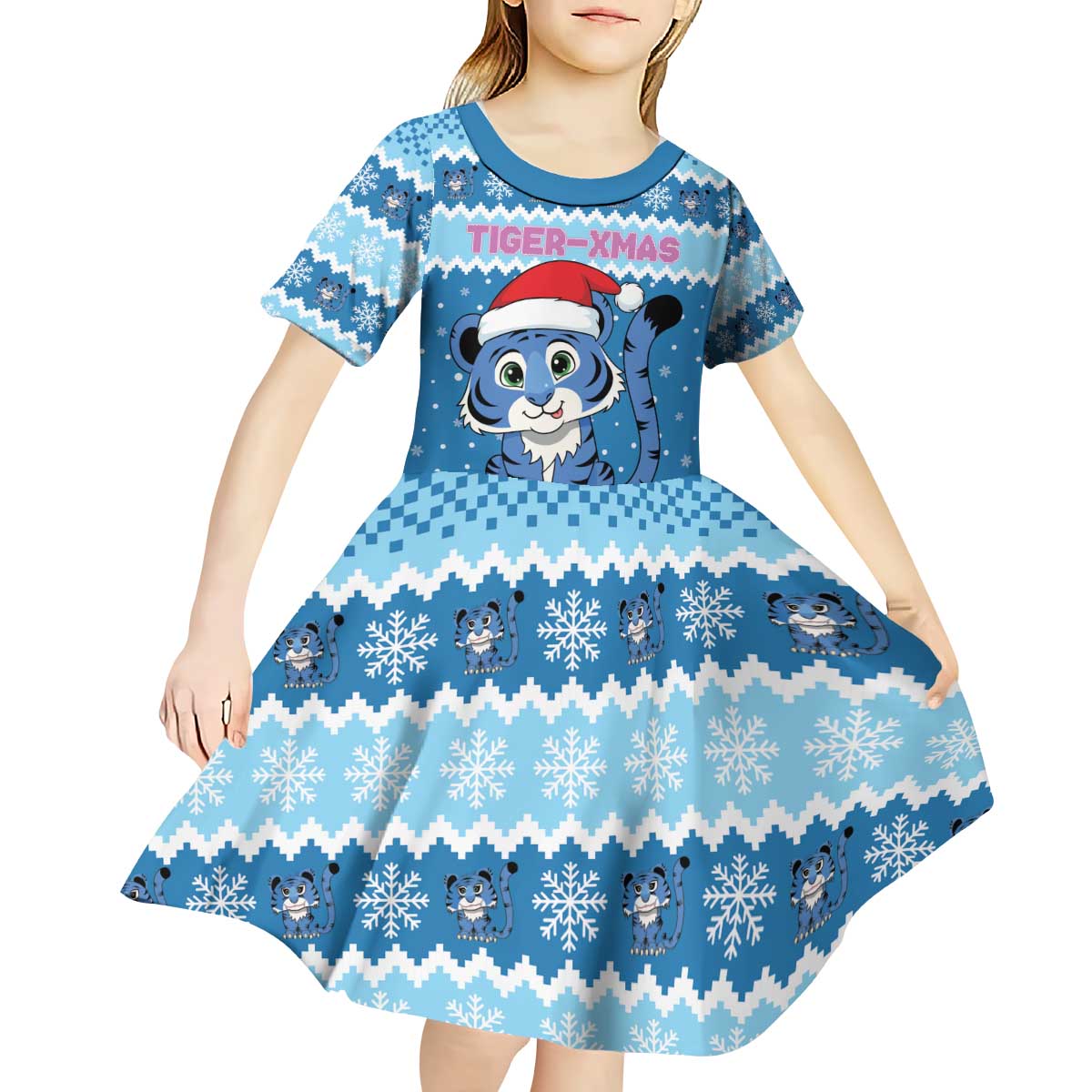 Personalized Blue Tiger Christmas Kid Short Sleeve Dress Kawaii Derpy Tiger Santa Mode - Wonder Print Shop