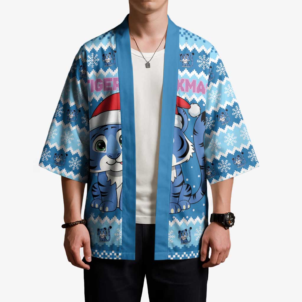 Personalized Blue Tiger Christmas Kimono Kawaii Derpy Tiger Santa Mode - Wonder Print Shop
