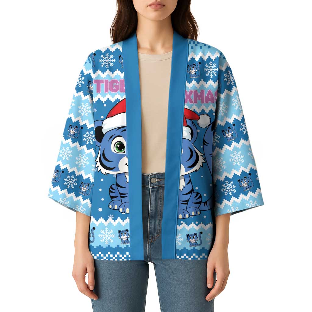 Personalized Blue Tiger Christmas Kimono Kawaii Derpy Tiger Santa Mode - Wonder Print Shop