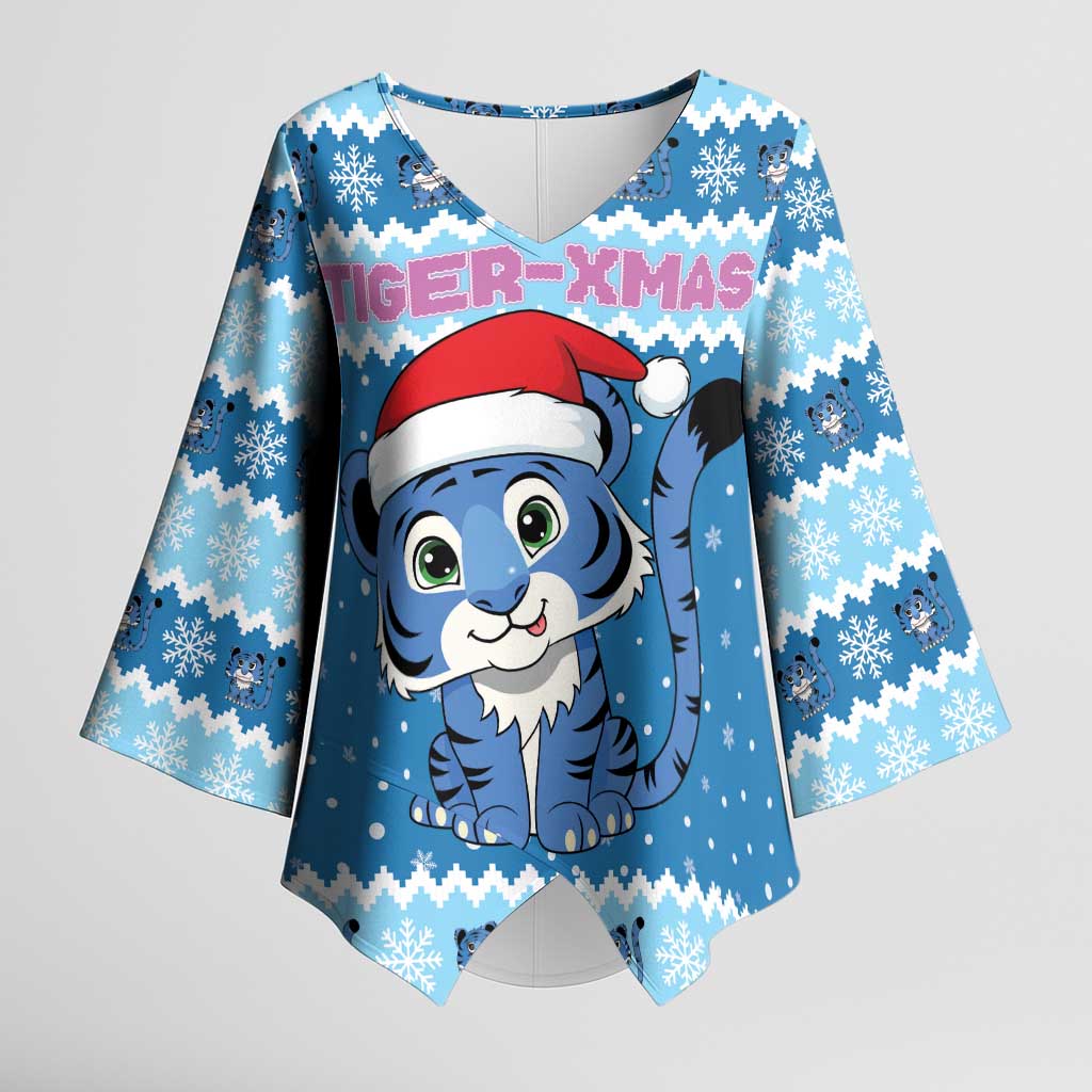 Personalized Blue Tiger Christmas Kimono Sleeve Blouse Kawaii Derpy Tiger Santa Mode - Wonder Print Shop