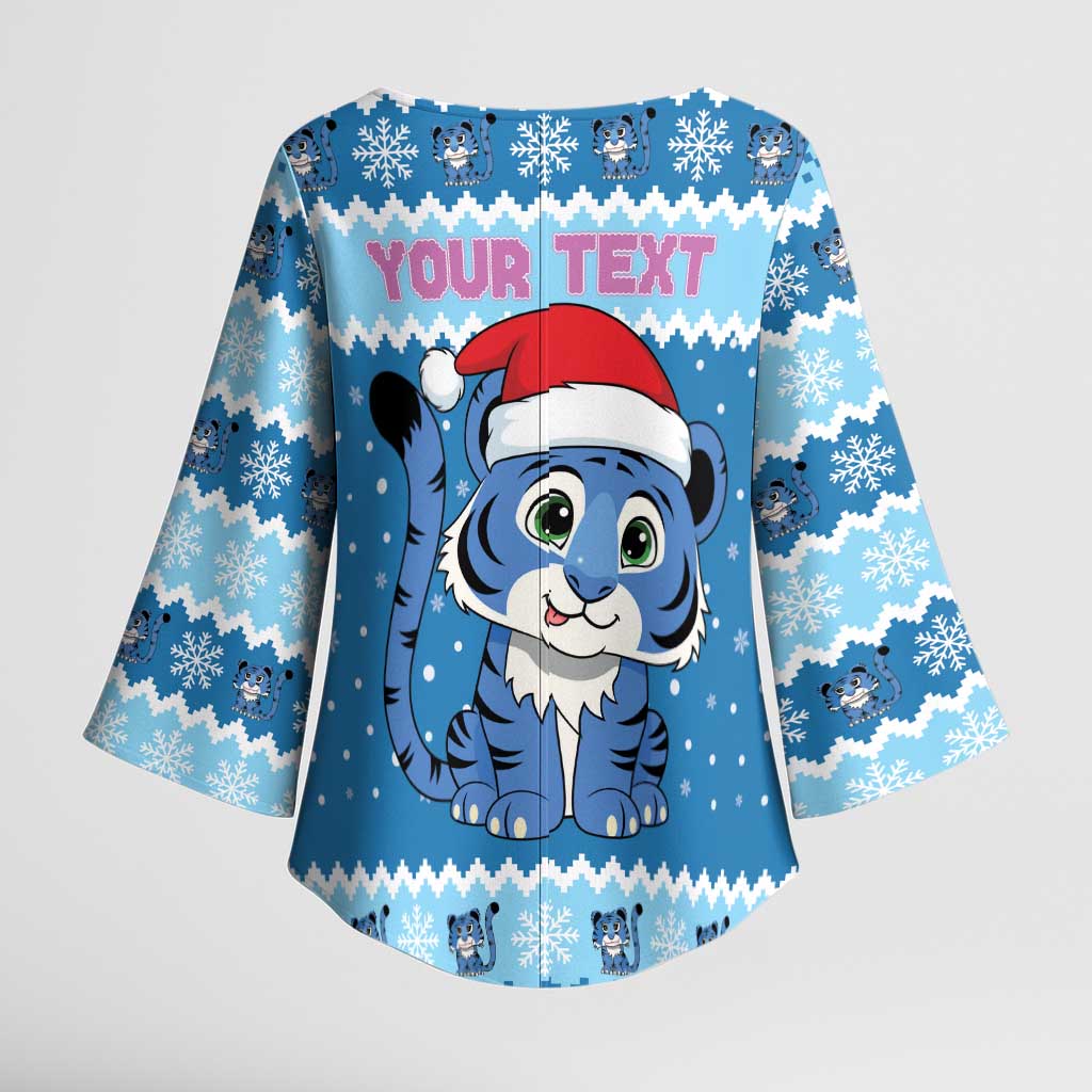 Personalized Blue Tiger Christmas Kimono Sleeve Blouse Kawaii Derpy Tiger Santa Mode - Wonder Print Shop
