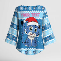 Personalized Blue Tiger Christmas Kimono Sleeve Blouse Kawaii Derpy Tiger Santa Mode - Wonder Print Shop