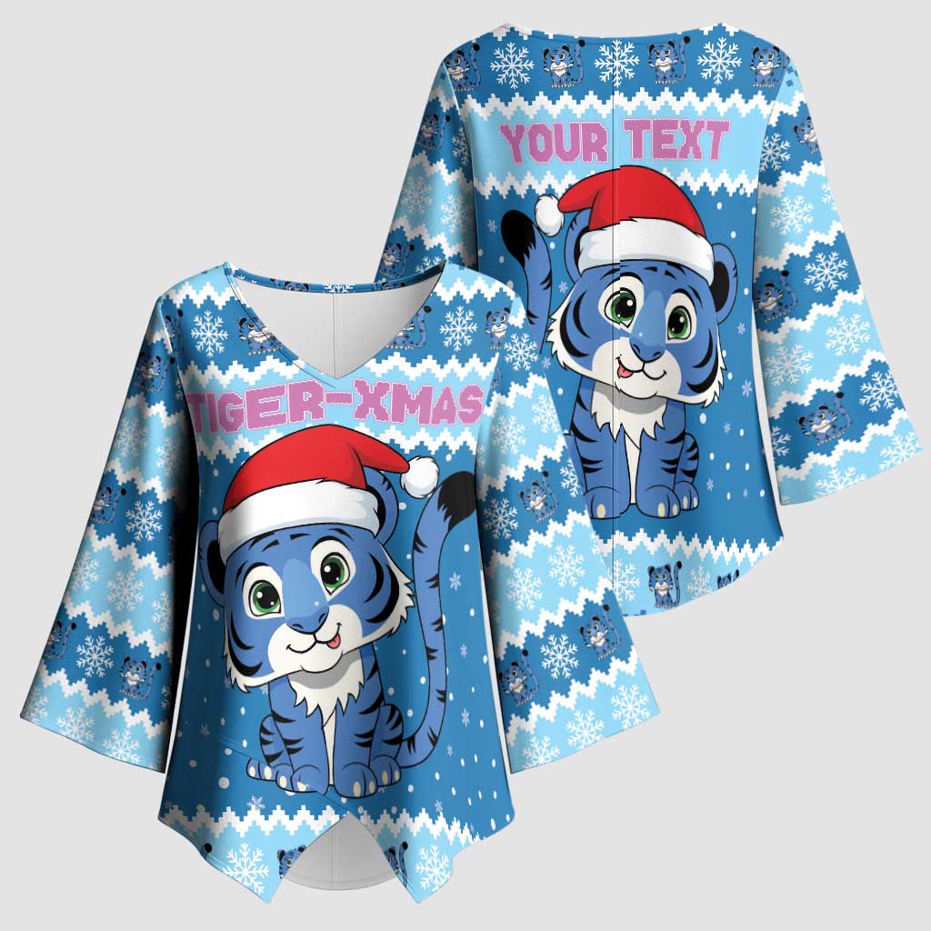 Personalized Blue Tiger Christmas Kimono Sleeve Blouse Kawaii Derpy Tiger Santa Mode - Wonder Print Shop