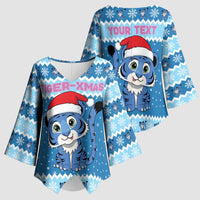 Personalized Blue Tiger Christmas Kimono Sleeve Blouse Kawaii Derpy Tiger Santa Mode - Wonder Print Shop