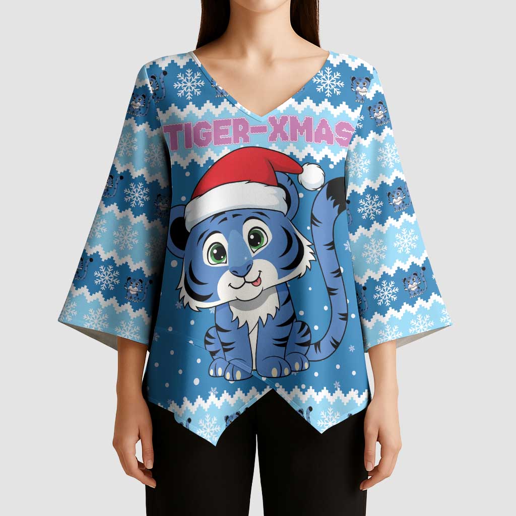 Personalized Blue Tiger Christmas Kimono Sleeve Blouse Kawaii Derpy Tiger Santa Mode - Wonder Print Shop