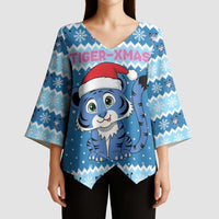 Personalized Blue Tiger Christmas Kimono Sleeve Blouse Kawaii Derpy Tiger Santa Mode - Wonder Print Shop