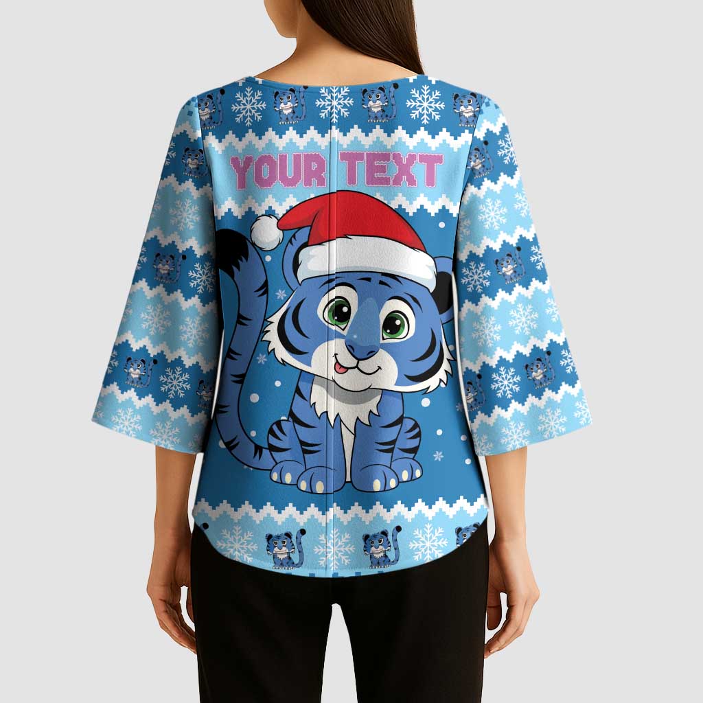 Personalized Blue Tiger Christmas Kimono Sleeve Blouse Kawaii Derpy Tiger Santa Mode - Wonder Print Shop